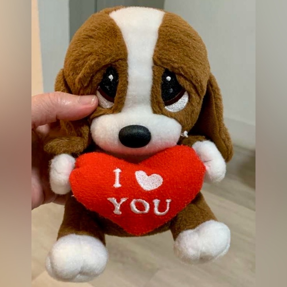 Brown and White Plush Dog Toy with Red Heart